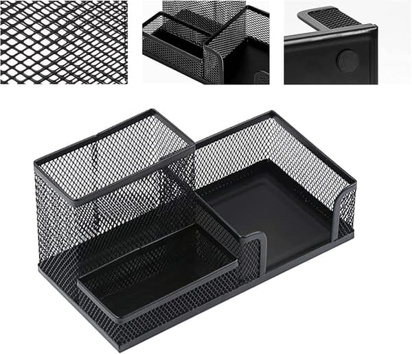 Black Mesh Desk Organizer, Desk Accessories with Pen Holder and 3 Compartment Desk Accessory Storage Baskets (3 in 1)