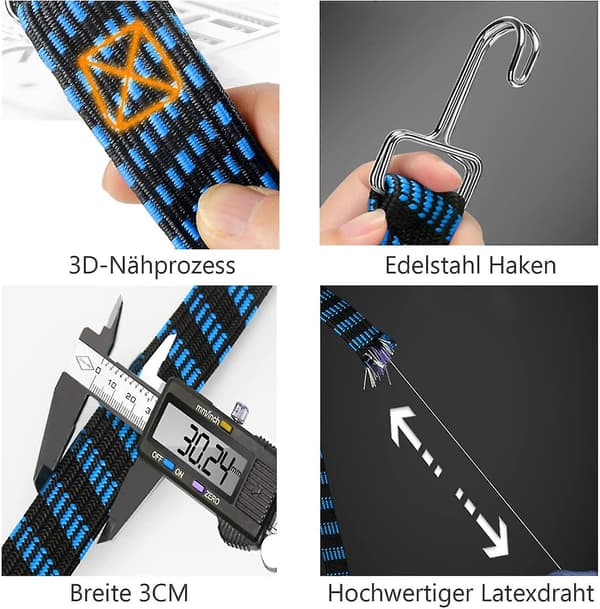 Adjustable Elastic Strap with Hook - Set of 4 200cm Long Rubber Tension Straps