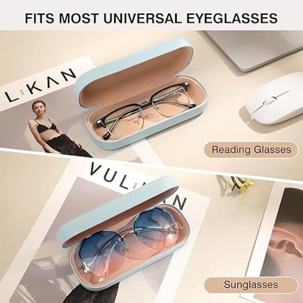 Hard Case - Eyeglass Case - PU Leather Glasses Case - Portable Protection - 16 x 6.4 x 3 cm (Blue)
