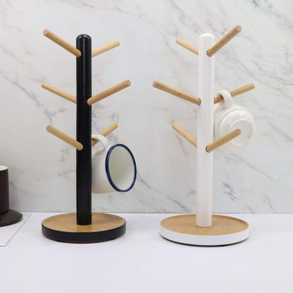Koppholder i tre, avtakbart displaystativ for kaffe- og tekopper til benk, stativ med 6 kroker (hvit) hvit White