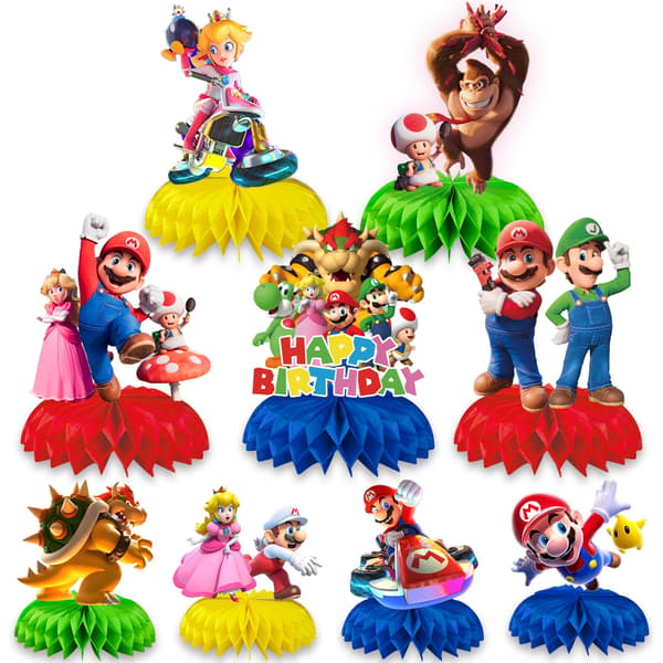 9-delt sæt Mario-tema festfødselsdagsdekorationer, 3D honningkage