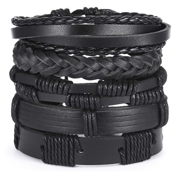 5-pak håndlavede læderarmbånd til mænd, sort