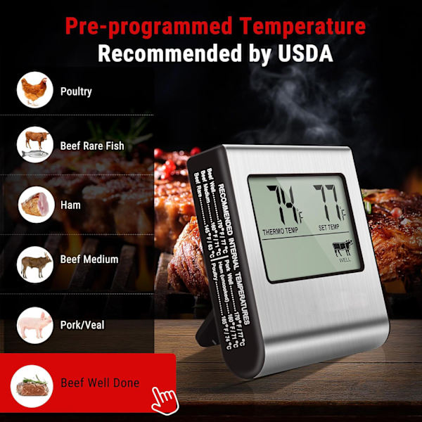 TP16 Digitalt stegetermometer med timer til BBQ, grill, røg (FMY)
