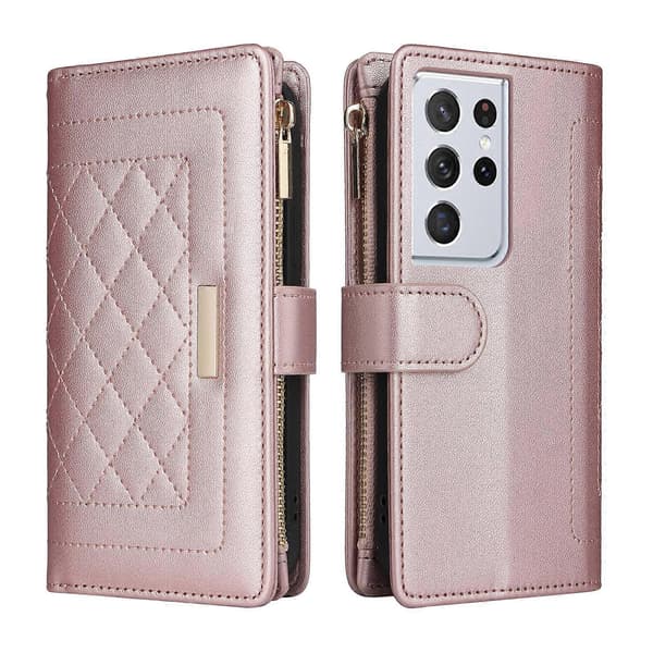 Læderpung-etui med lynlås til Samsung Galaxy S21 Ultra 5G (rosaguld)