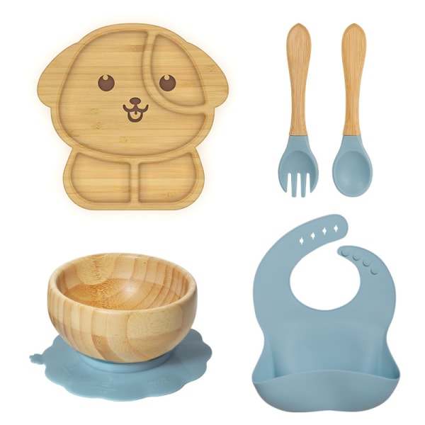 Puinen baby lautanen, kulho ja set - Baby ruokailuvälineet - Puinen lastenkulho - BPA-vapaa kulho - Bambu lasten ruokailuvälineet (sininen, 8 osaa, koira)