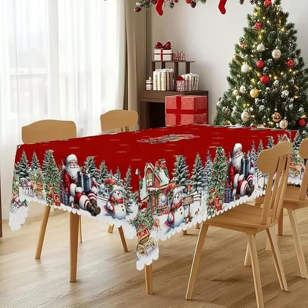 Julebordsduk med snøfnugg og julenissedesign Rektangulær størrelse: 152 x 220 cm