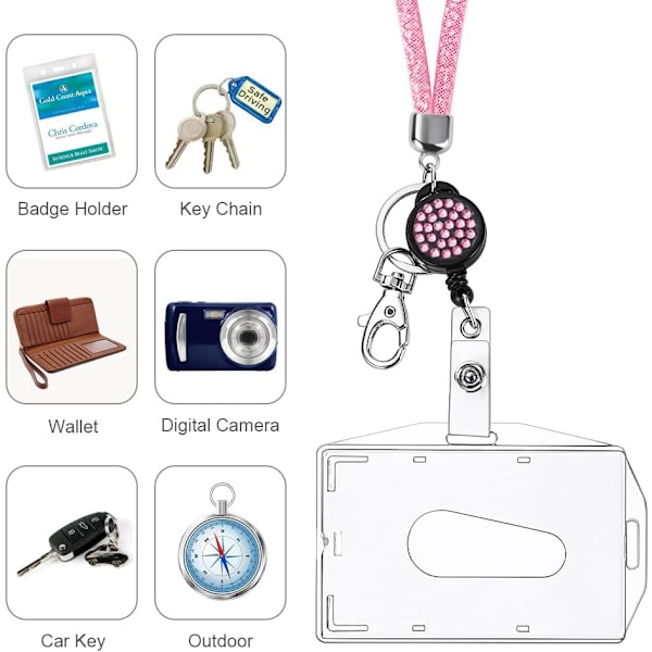 Korthållare med lanyard, kristall-lanyard med transparent ID-korthållare, lanyard och brickhållare set, nyckelringsbrickhållare och halsrem för nycklar Pink