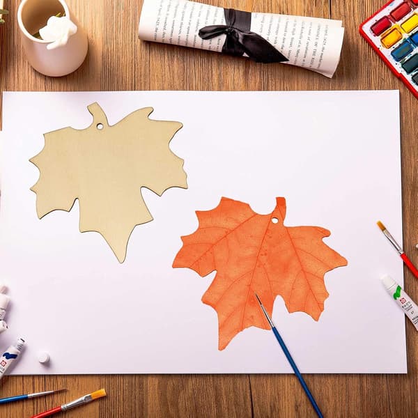 20 Maple Leaf Shaped DIY Craft Cutouts, Maple Leaf Shaped Wooden Hanging Decorations, with Holes and Jute Twine.