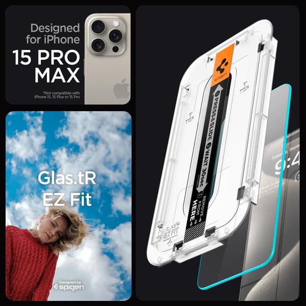 Spigen EZ Fit karkaistu lasinen näytönsuoja iPhone 15 Pro Max -puhelimelle (2 kpl)