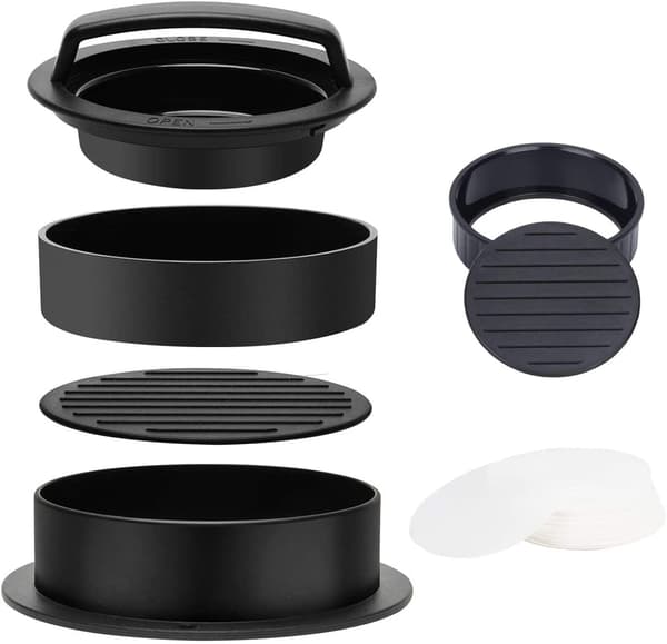 3-i-1 hamburgerpress, fylld hamburgerpress med 12 cm-200 non-stick BBQ hamburgerpapper