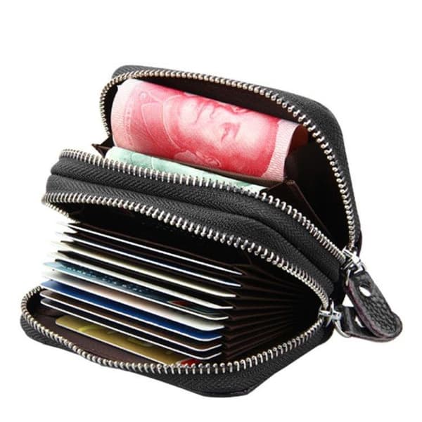 Black Cowhide Leather Wallet with RFID Protection and Many Practical Compartments