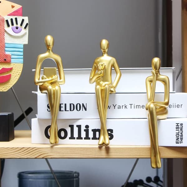 3 stk. guldbelagte siddende tænkende statuer abstrakt skulptur, bøger