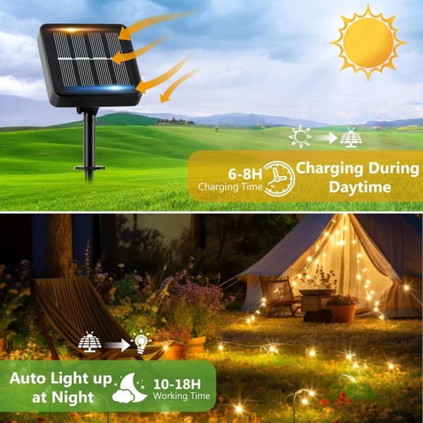 12M 100 LED Outdoor Solar String Lights - 3pcs Waterproof Warm White 8 Modes Solar Decoration