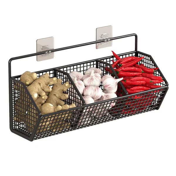 Vegetable Storage for Kitchen, 3-Compartment Potato Basket, Space-Saving Wall-Mounted Rack for Ginger, Garlic, and Onions in Pantry