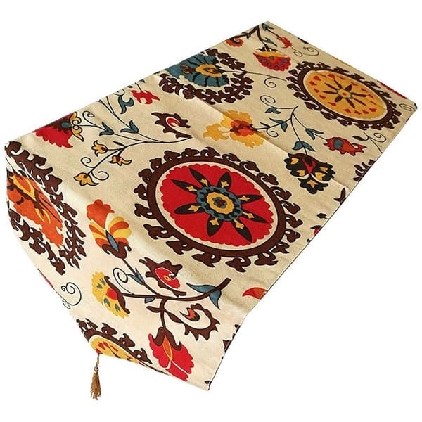 Ethnic Floral Patterned Cotton Linen Blend Reversible Table Runner (11.8 inch x 78 inch)