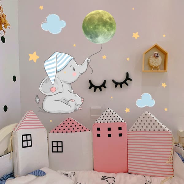 Baby Elephant Moon Luminous Wall Sticker til Baby Børneværelse Soveværelse