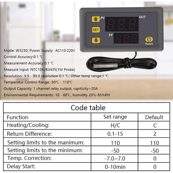 1 stk W3230 AC 110V-220V Digital temperaturregulator, NTC 10K Digital displaytermostatkontrollbryter