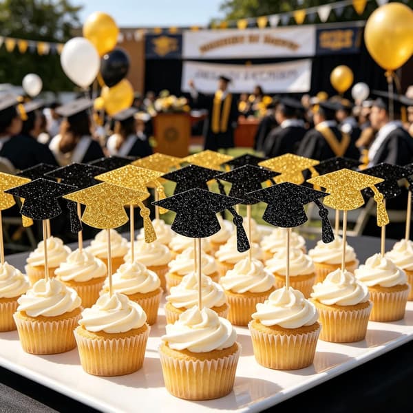 48 STK Dimissions Cupcake Toppers, Sort Guld Tandstikkere