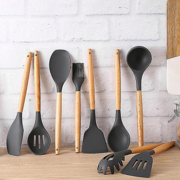 Heat Resistant Silicone Spatulas Set For Non Stick Pan Cookware Wooden Long Handle Spatulas Gray Rubber SpatulaDense spoonDense spoon