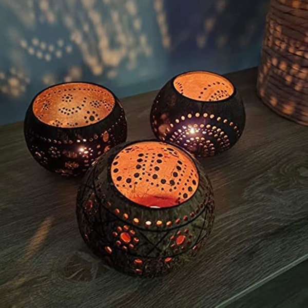 Coconut Shell Wood Candle Holders (set Of 3) With Coconut Scented Tealight Candles - Boho Decor, Vo