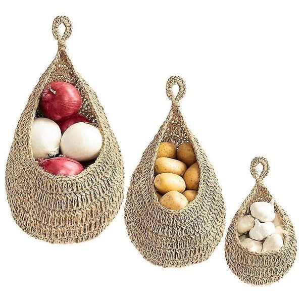 3-pack Boho Hanging Basket, Wall-Mounted Fruit Basket for Storing Fresh Produce, Vegetable Container for