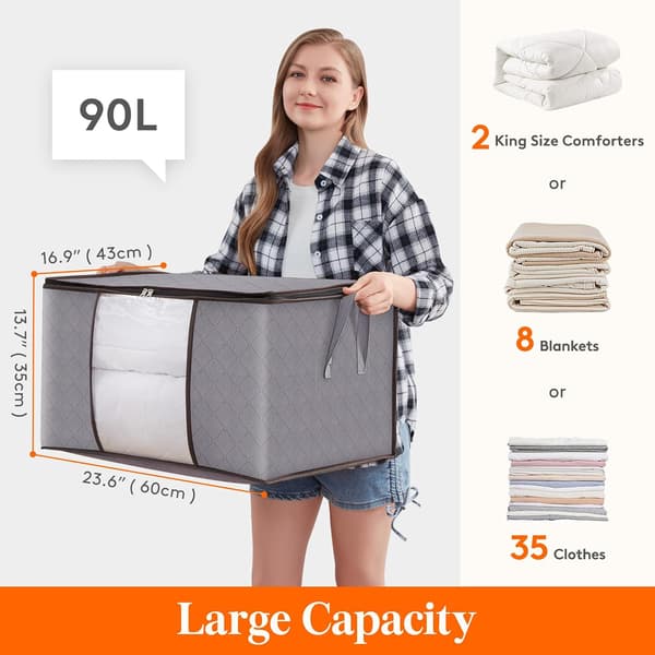 Large Storage Bag for Clothes with Reinforced Handle Thick Fabric for Comforters, Blankets, Bedding, 3-Pack, 90L, Light Grey