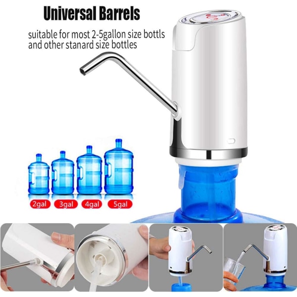 Elektrisk 5 gallon vanddispenser Universal USB-opladning drikkevandsflaskepumpe， Vandpumpe til 5 gallon flaske (hvid)