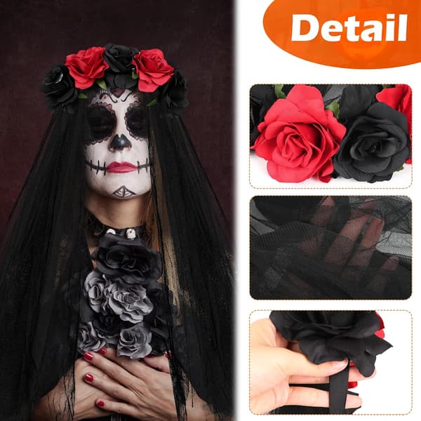 1PC (svart+röd) Dia de los Muertos pannebånd, Halloween gotisk hodeplagg