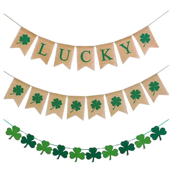 3 stk. St. Patricks Dag Banner Shamrock Garland Lucky Banner Burlap Irsk Garland Grøn Fire Blade