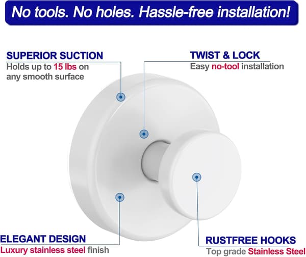 Shower Hooks with Suction Cup, Removable Towel Hooks for Bathroom Windows and Glass Doors, Robe Hooks - 4-Pack, White 1