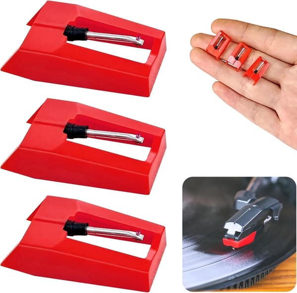 Universal Turntable Needles 3-Pack Diamond Stylus Replacement for Victrola Crosley ION LP Vinyl Players Red