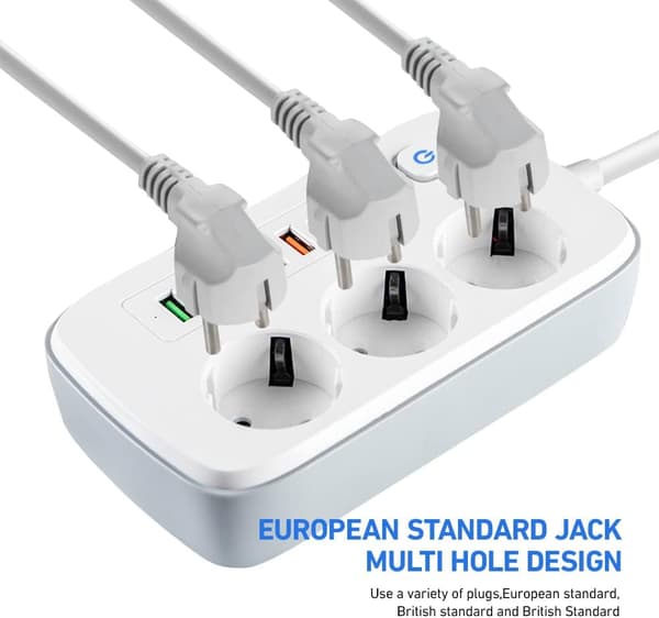 Power strip with USB, 3-way socket with 5 USB sockets and 1 USB-C for desk with switch, 2 meter extension cord, adapter[GKS]
