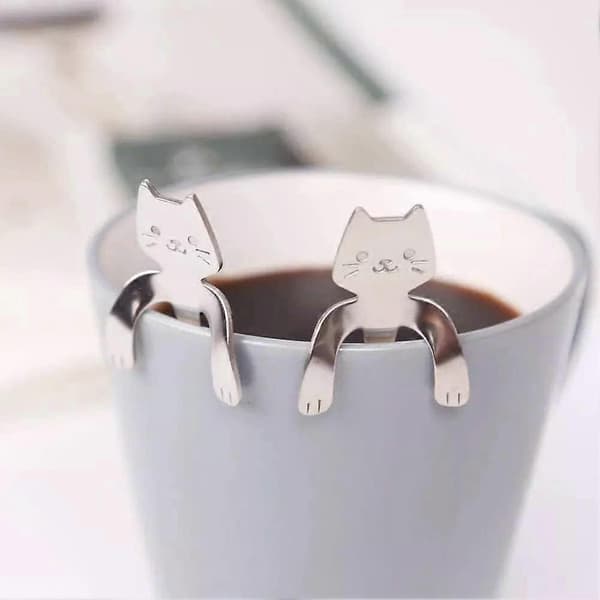 2-pack rostfria skedar, söt kattdesign för kaffe