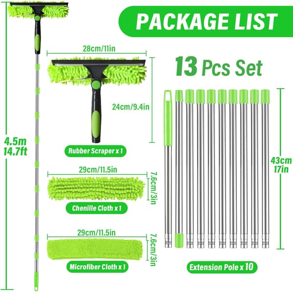 4.5m Window Cleaning Tool, 3-in-1 Set with Extension Pole, Microfiber Brush, and Squeegee for High Windows and Cars