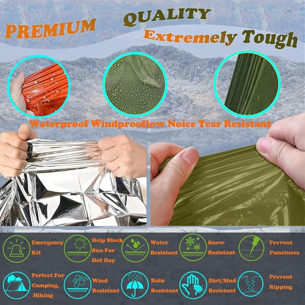 The four-piece survival kit includes an emergency poncho (two pieces), a thermal emergency blanket (two pieces), and a polyester film lining.