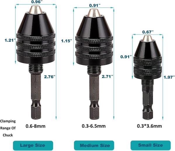 Keyless Drill Chuck Adapter - 3 Drill Chucks for Impact Drivers, 1/4\" Hex Shank Chuck Conversion Adapters