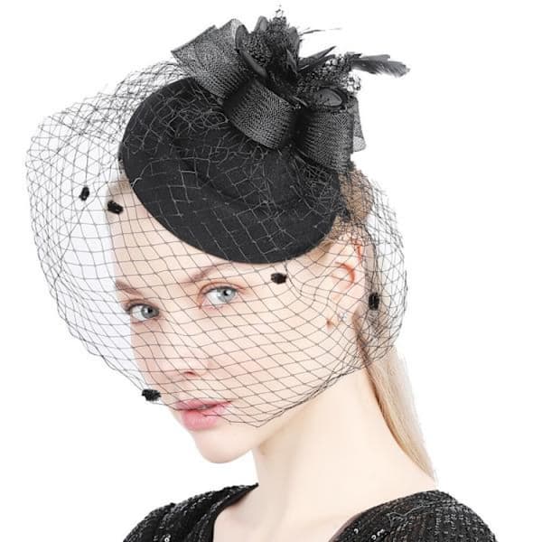 Slør med sløjfe fascinator hat net pandebånd til kvinder (sort)