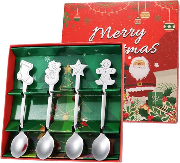 4 st Rostfria Jul Kaffe- & Teskedar - Blandningsskedar med Tomte- & Pepparkaksdesigner