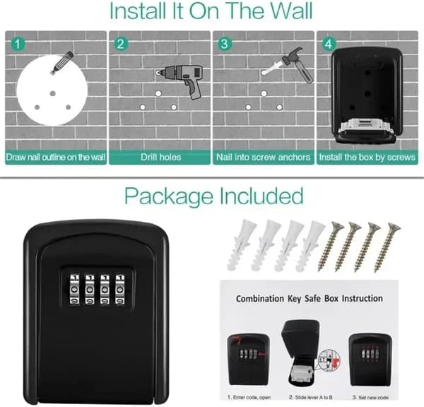 Wall-mounted key box - With 4-digit code, secure outdoor, weather-resistant, robust safe, for cards