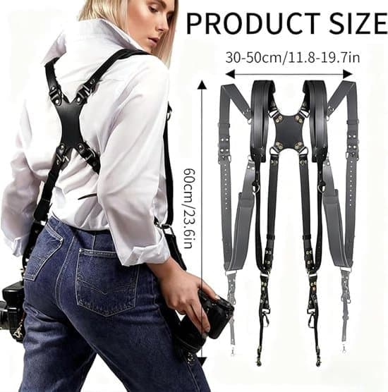 Camera Harness - Quick Release, Non-Slip, Double Shoulder Leather Camera Strap Harness with Metal Hooks for SLR/DSLR Cameras - Black [Ho]