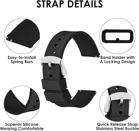 2 stk Silikone Gummi Quick Release Urrem, Sort/Sølv Rustfrit Stål Spænde, Universal Sports Erstatningsrem, 20mm