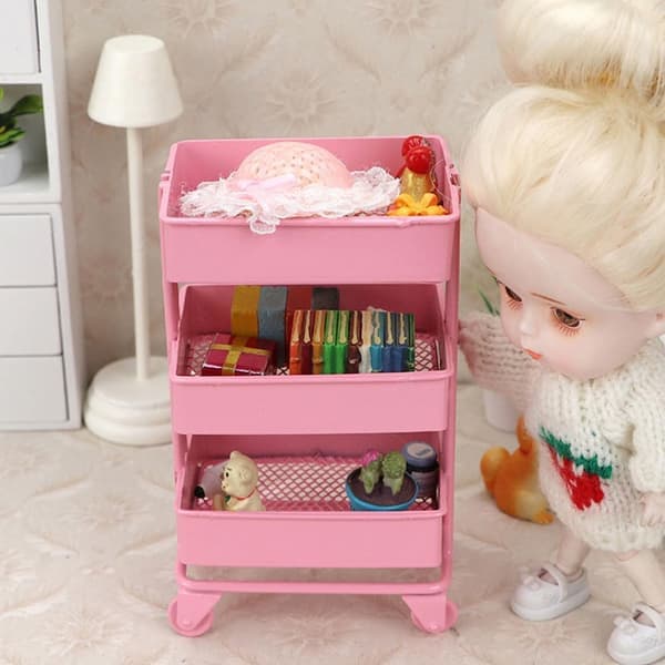 Rolling Storage Cart with Metal Trolley, Multifunctional Three-Tier Storage Organizer with Perforated Basket Bottom, Sturdy and Pink