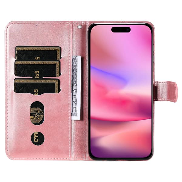 Case for iPhone 16 with Zipper Pocket, Wallet, Shockproof PU Leather Phone Cover - Pink