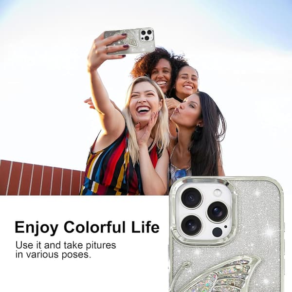 for iPhone 16 Pro Max, Søt Jentete Luksuriøs Bling Flytesand 3D Sommerfugldesign for Kvinner Jenter (for iPhone 16 ProMax) - Sølv