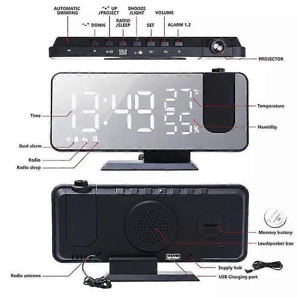 Projection Alarm Clock with USB Connection, Large LED Display and Dual Alarms