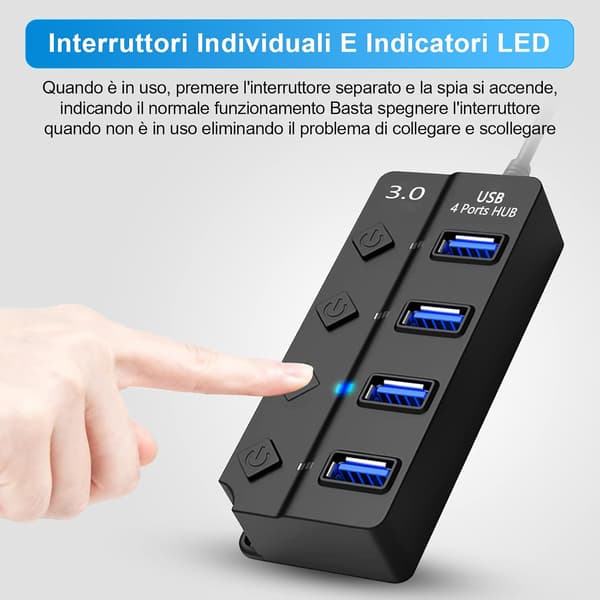 USB 3.0-hubb med separat switch och LED-lampor, 4-portars USB-hubb