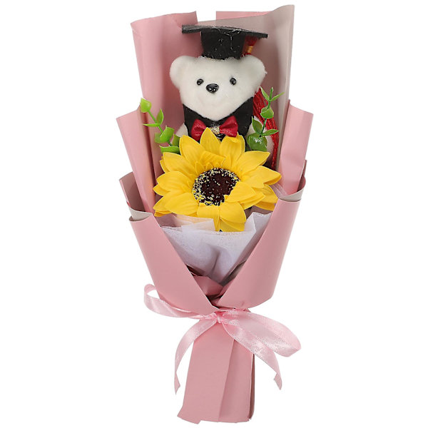 Graduationsblomsterbjørnbuket Solsikkebuket Graduationsblomsterdekoration Pink 28X12X9CM Pink 28X12X9CM