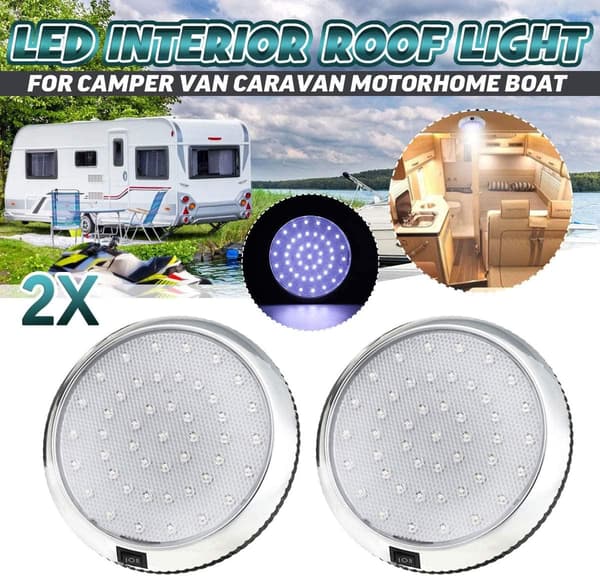 2 stk 12V LED Taklampe med På/Av-knapp for Bobil/Campingvogn/Tilhenger/Båt, Overflatemontering