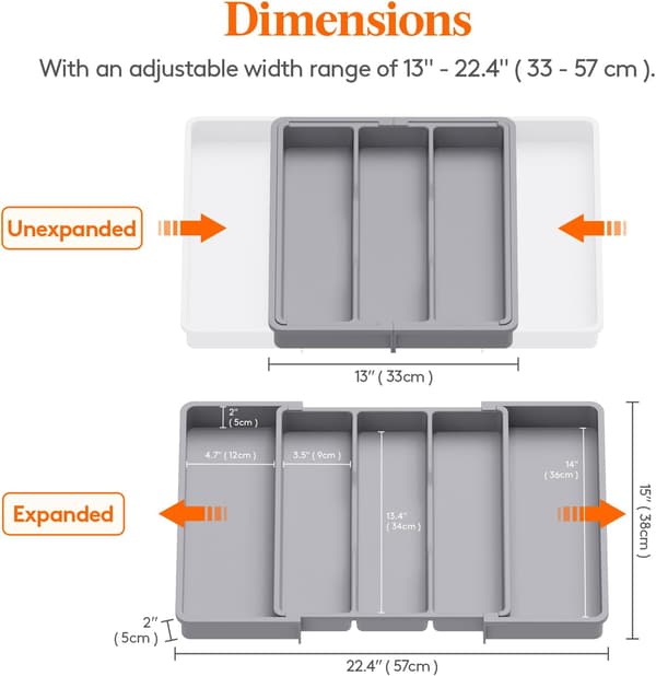 Cutlery Drawer Organizer, Extendable Large Cutlery Tray for Large Kitchen, Grey Grey
