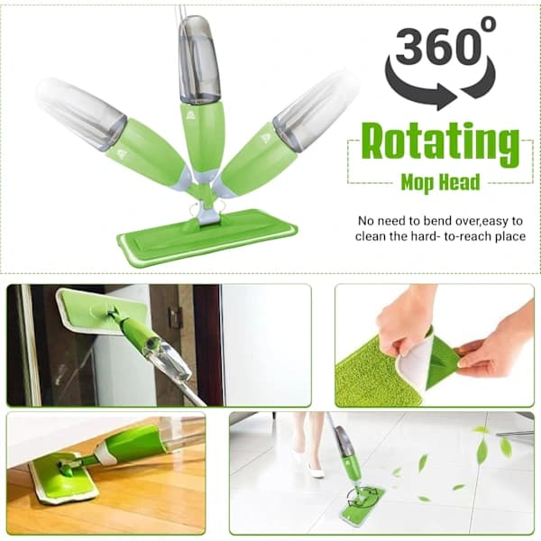 Spraymopp for kost - 360° roterende mopp - 600 ml påfyllbar tank, gjenbrukbare puter, 1 skrape